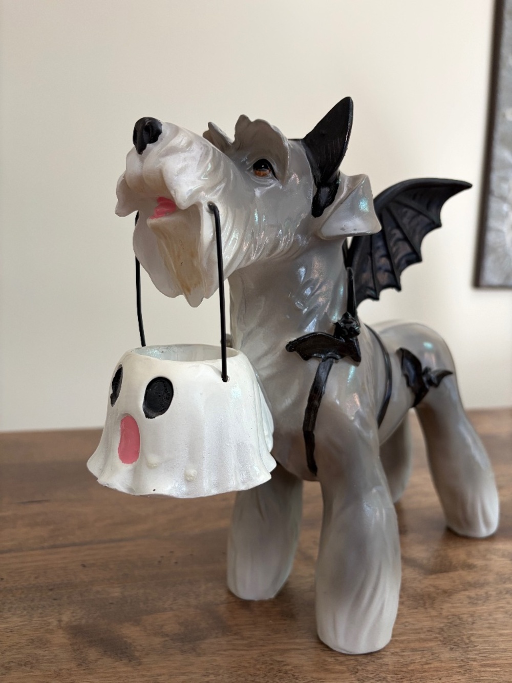 Halloween Schnauzer Dog Holding Ghost Bucket in Bat Costume Decor Figure - Picture 2 of 7